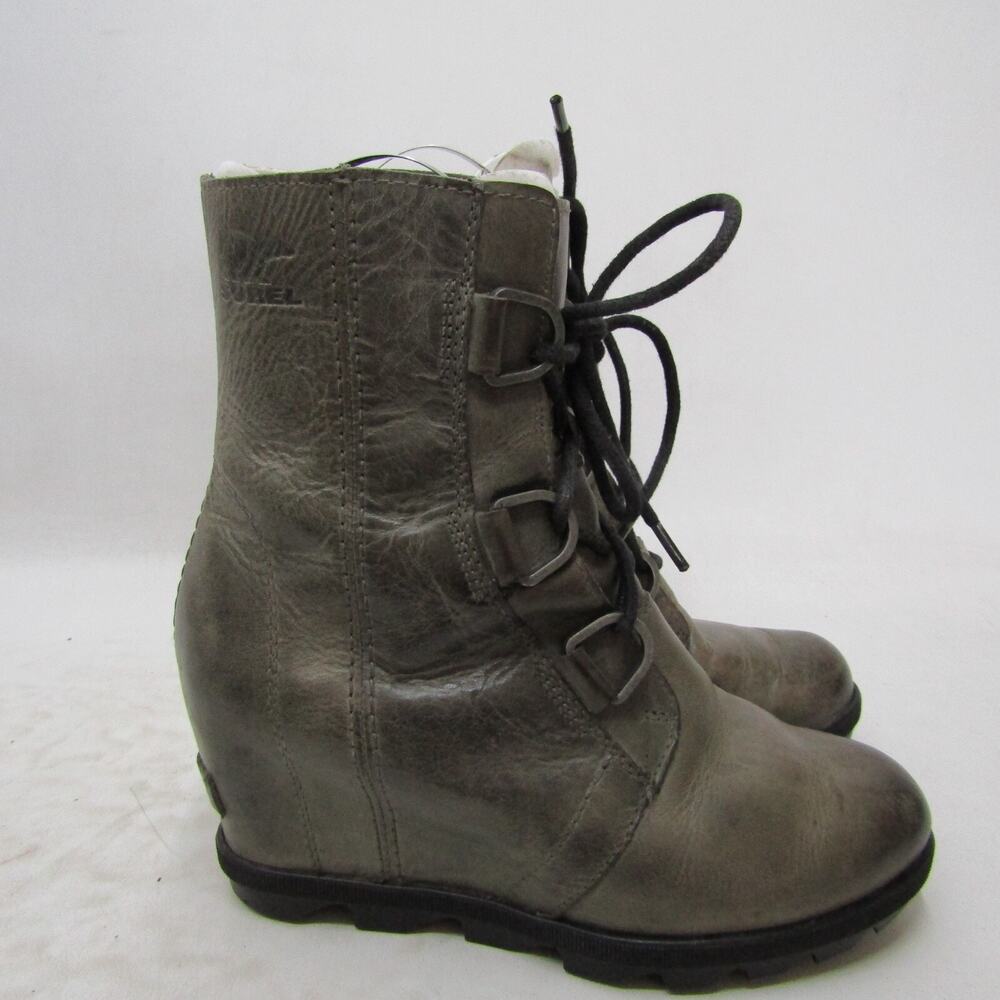 Sorel Womens Sz 7 M Gray Leather Lace Up Wedge Ankle Fashion Boots Bootie - Picture 3 of 11